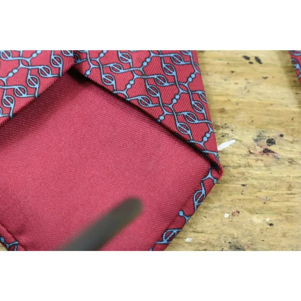 Hermes Tie Mens Silk Red Blue Chain Link Geometric Print France No Box